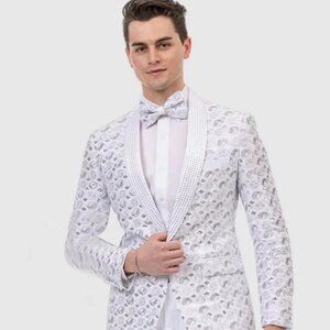 All White Mens Tuxedo - Wedding Suit - Mens Modern Silver Sequin Swirl Prom Tuxe